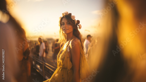 Portrait of beautiful young woman in summer dress at summer music festival, Generative AI illustration