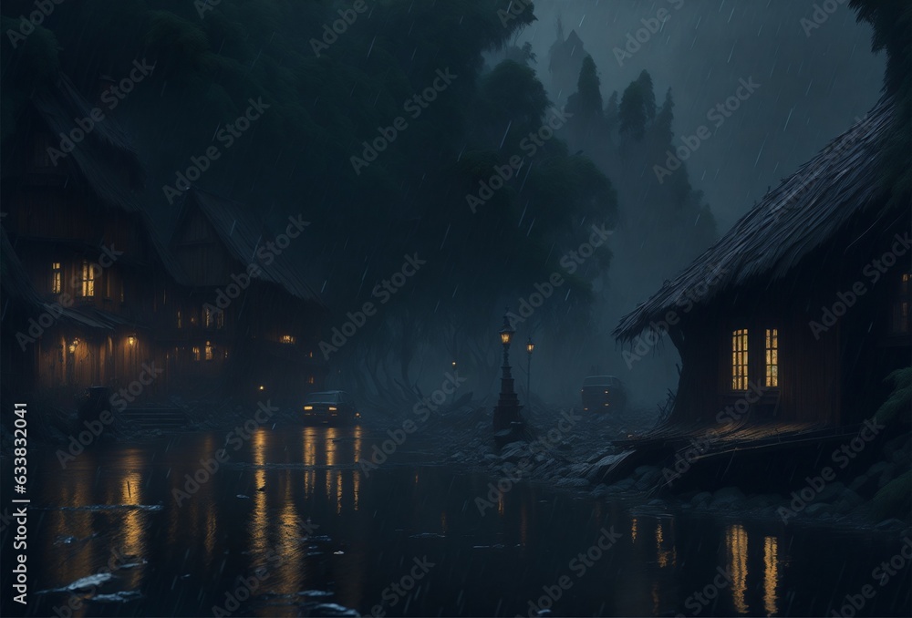 Fototapeta premium Heavy rain in the city with dark night background. Ai Generated