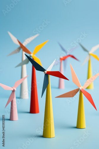 Colorful Wind Turbines on Blue Background © OneByOne