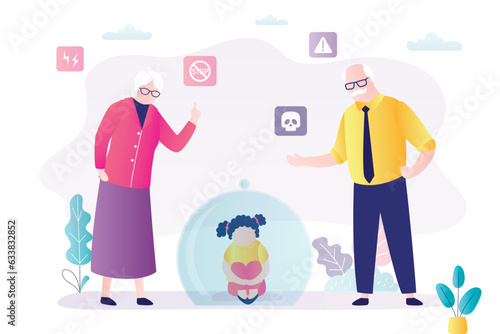 Little girl sitting under glass dome. Grandparents closed granddaughter from all dangers. Oversight and hypercare. Granny isolated teenager from all troubles. Abuse in family.