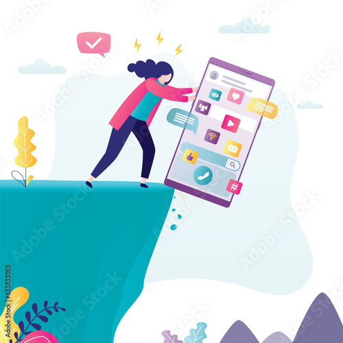 Woman user throws mobile phone off cliff into abyss. Digital detox, freedom from social media, internet. Turn off smartphone, disconnecting. Break, relax from smart gadgets