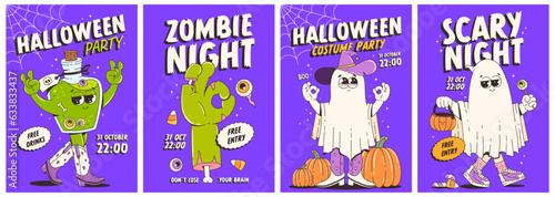 Halloween party invitation. Trendy retro groovy style and funny characters in 70s-80s. Scary night, zombie night, costume party. Funny vector posters set.