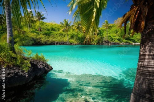 Blue lagoon with palm tree and turquoise water