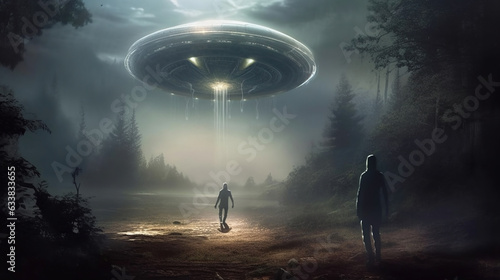 UFO flying saucer flies over people and highways.  Invasion of extraterrestrial intelligence on an intergalactic ship. Alien abduction. Created with Generative AI.
