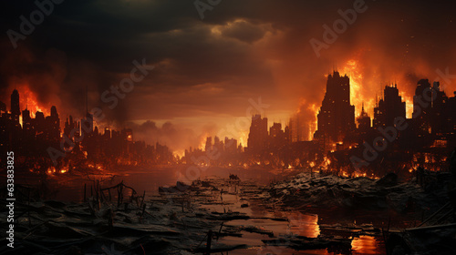 End of the world. Apocalypse. Extinction-level event. Dystopian City and apocalyptic background. Generative Ai 
