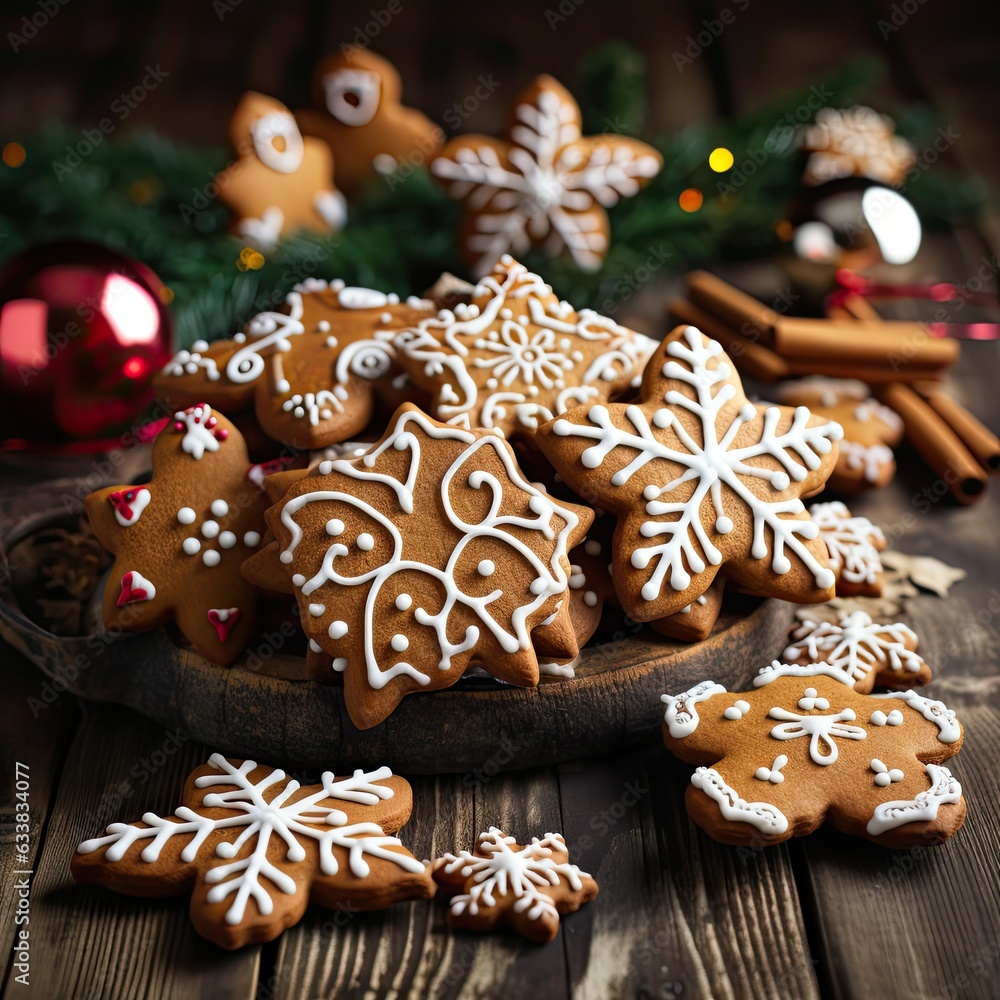 delicious gingerbread cookies of various shapes decorated with white icing lies on the Christmas table delicious gingerbread cookies of various shapes decorated with white icing lies on the Christmas table