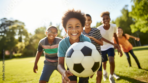 Diverse Group of Teen Boys Laughing and Playing Soccer in the Park, AI-Generated © Juanrastock