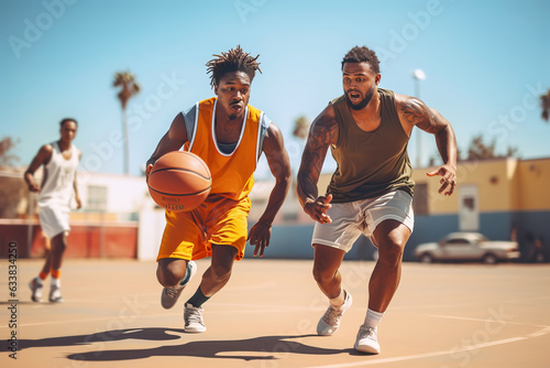 Two African American street basketball players having training outdoor.