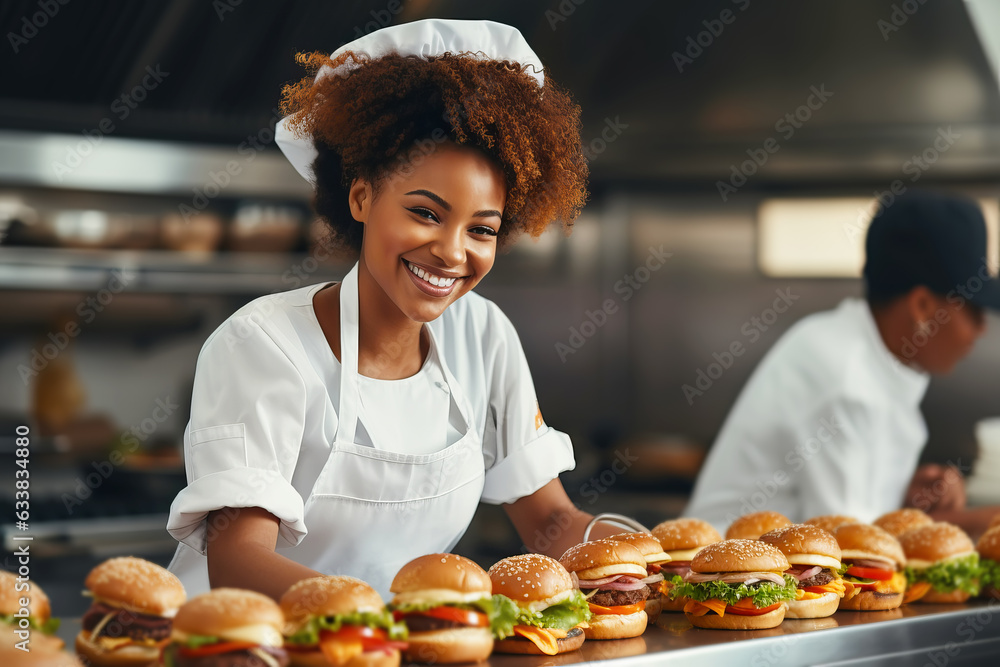 African american chef woman preparing burgers in a professional kitchen. African american chef woman preparing burgers in a professional kitchen.
