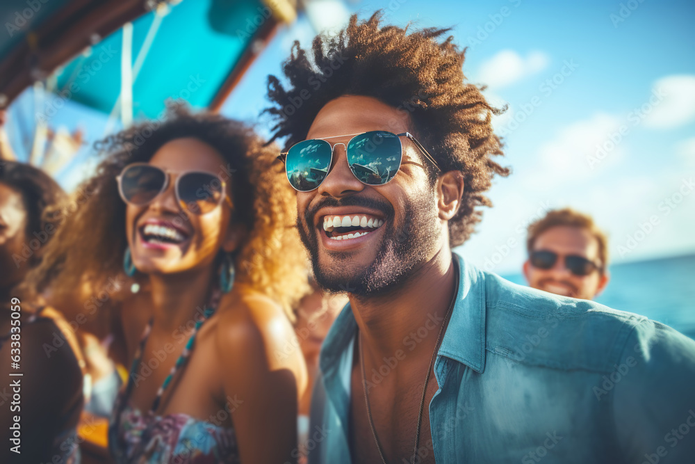 Group of friends having fun on luxury yacht at exclusive boat party. Generative AI illustration Group of friends having fun on luxury yacht at exclusive boat party. Generative AI illustration