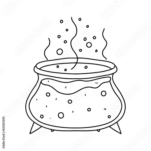 Cauldron with boiled potion and bubbles. Halloween element. Hand drawn doodle style. Vector illustration isolated on white. Coloring page.
