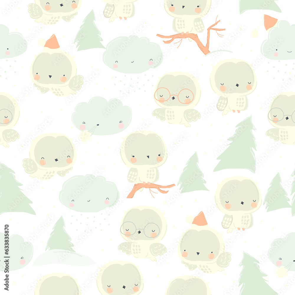 Vector Seamless Pattern with Cute Snowy Owl on Gray Background