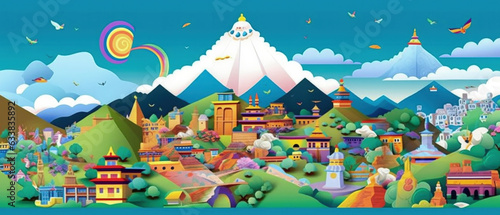Nepal Famous Landmarks Skyline Silhouette Style, Colorful, Cityscape, Travel and Tourist Attraction - Generative AI © jovannig