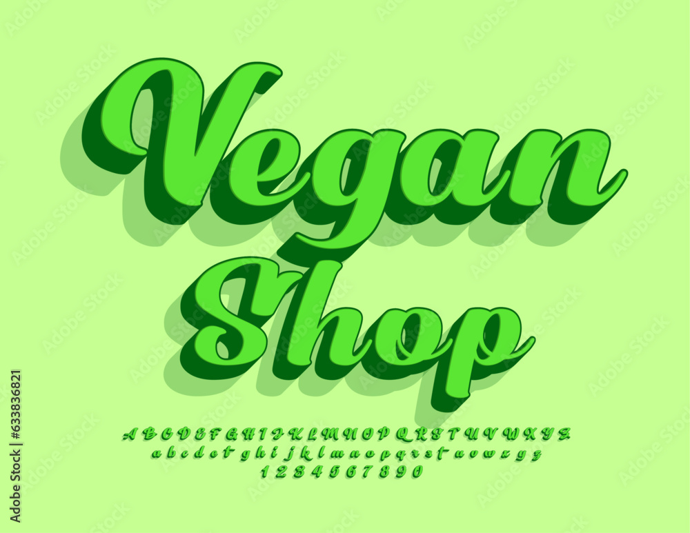 Vector advertising poster Vegan Shop. Artistic handwritten Font. Green 3D Alphabet Letters, Numbers and Symbols set. Vector advertising poster Vegan Shop. Artistic handwritten Font. Green 3D Alphabet Letters, Numbers and Symbols set.