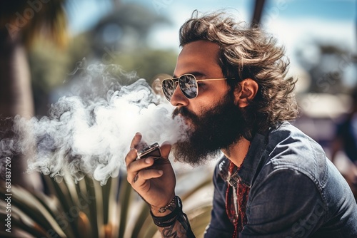 Man smokes electronic cigarette Fototapeta