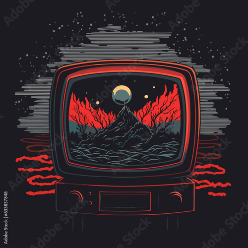 Isolated Retro Line Drawing of a Red Vintage CRT Television and VCR Showing Moonlit Mountains. Vector Art. Retro Pixelart, Sci-Fi, Video Game, Comic Book Style.