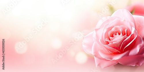 Horizontal banner with rose of pink color on blurred background. Copy space for text. Mock up template photo