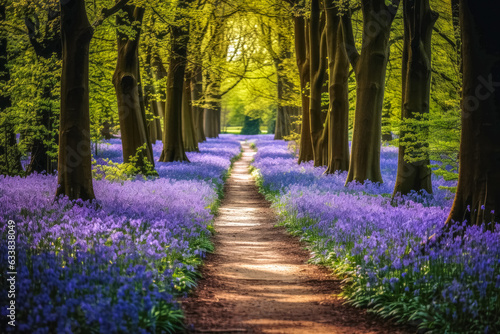 Lonely Footpath through some blue bell flowers in a forest landscape. photo