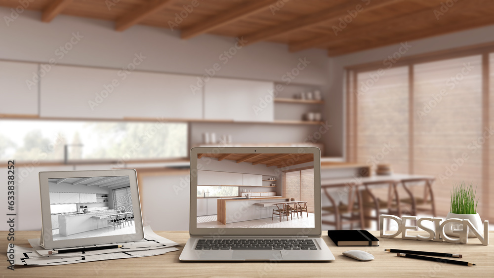Fototapeta premium Architect designer desktop concept, laptop and tablet on wooden desk with screen showing interior design project and CAD sketch, blurred draft background, kitchen with island