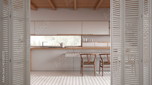 White folding door opening on minimal japandi white kitchen with island, resin floor, modern interior design, architect designer concept photo