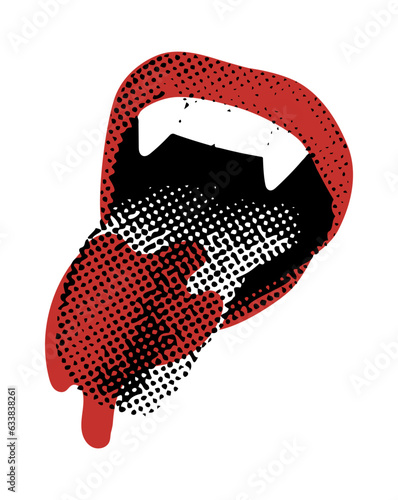 Vampire red lips with dripping blood Halloween halftone collage. Open mouth of monster with fangs and protruding tongue. Mixed media design. Vector illustration isolated on transparent background