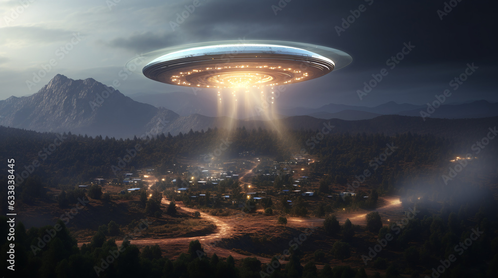 Extraterrestrial Visit: UFO Over the Cityscape - generative ai - obrazy, fototapety, plakaty 