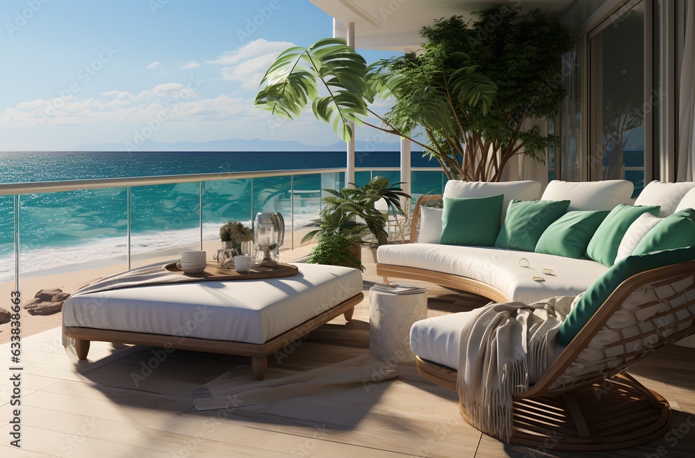 Fototapeta premium Terrace with a view of the ocean, generative ai