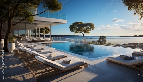 Terrace with a view of the ocean, generative ai © progressman