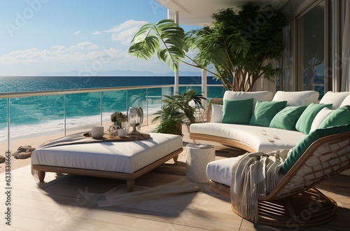 Terrace with a view of the ocean, generative ai © progressman