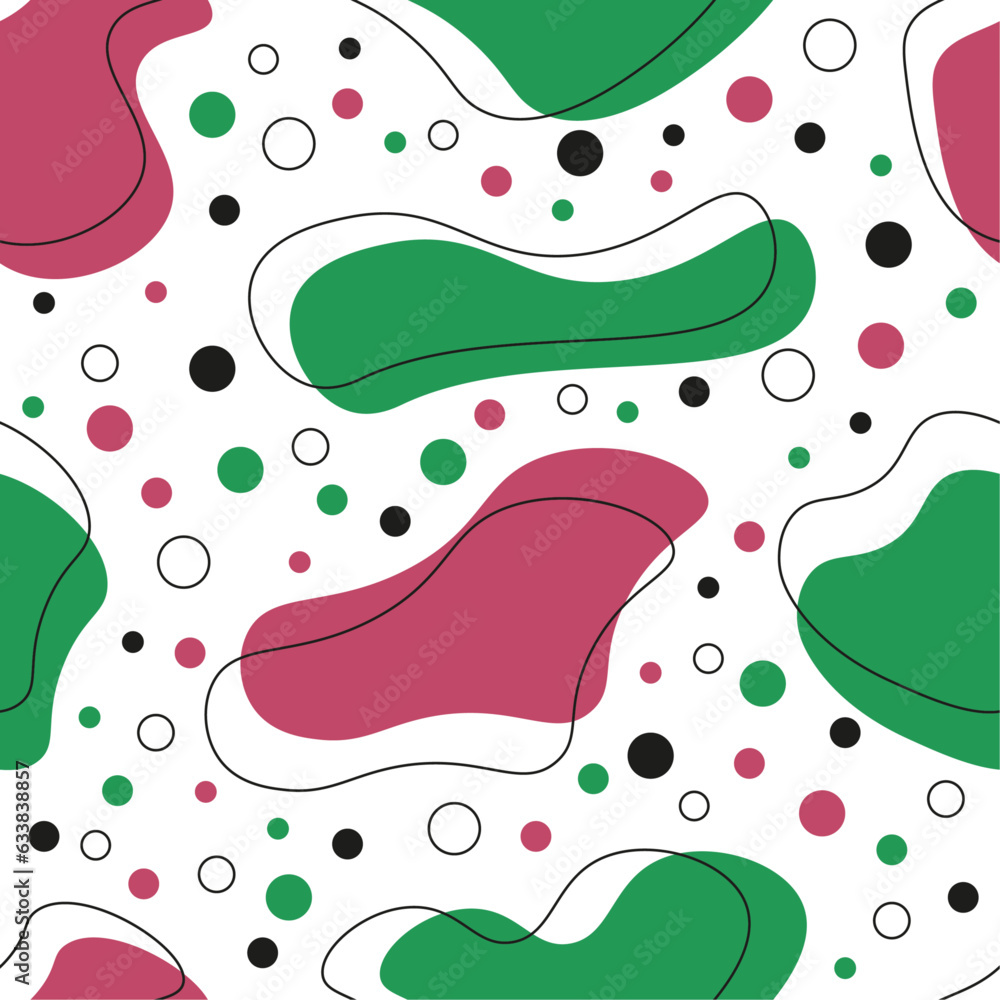 Seamless pattern with abstract shapes. Vector illustration. Background in green and pink colors
