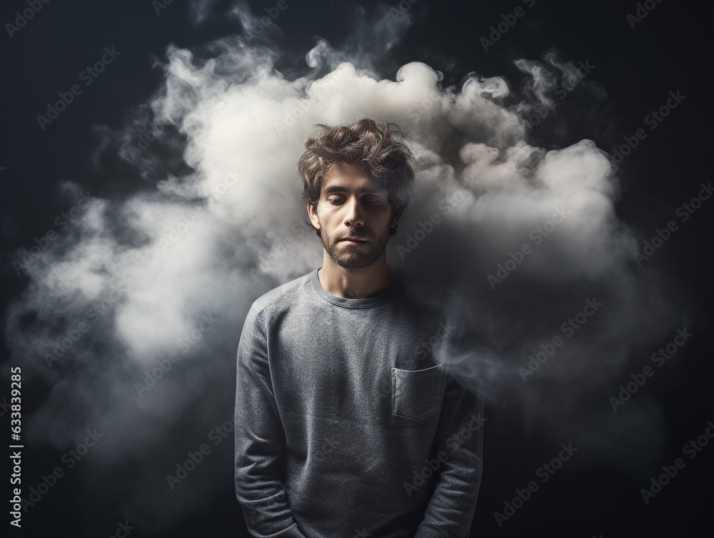 Depressed man with a smoke cloud around him on dark background, addiction, depression, stress, anxiety, suicidal concept Depressed man with a smoke cloud around him on dark background, addiction, depression, stress, anxiety, suicidal concept