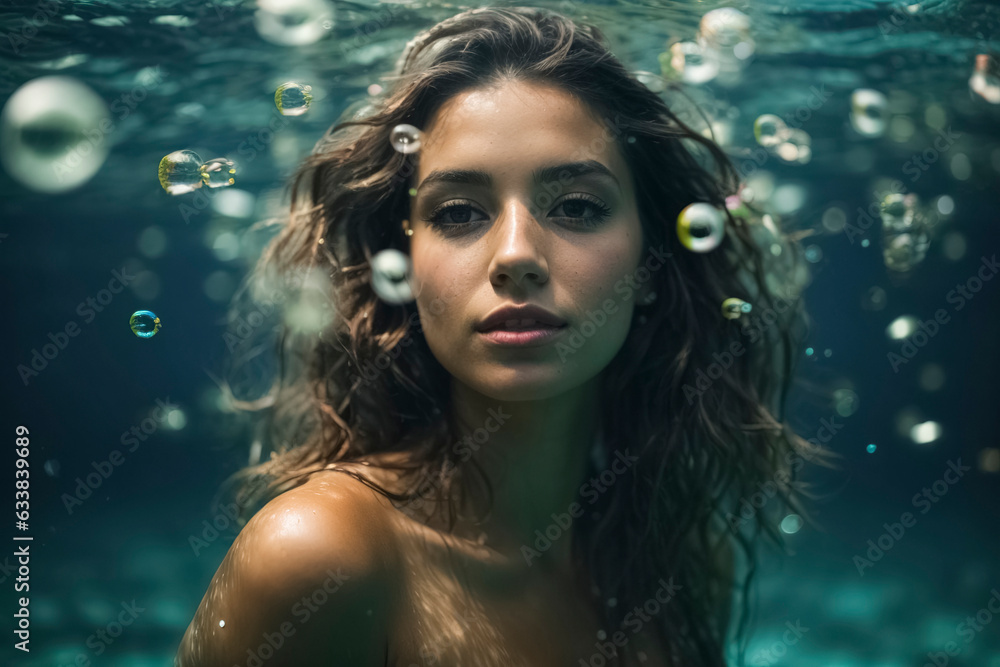 Woman under the water with bubbles Woman under the water with bubbles