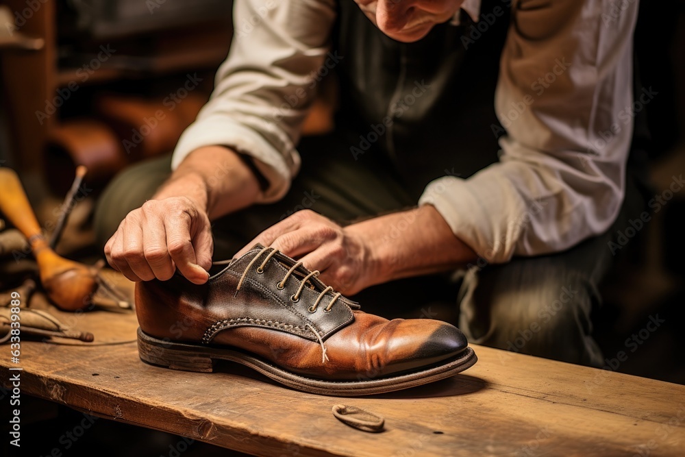 Master mending shoes in the workshop. Generative AI Master mending shoes in the workshop. Generative AI