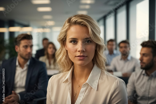 Young woman confidently leading a team meeting in a modern office space