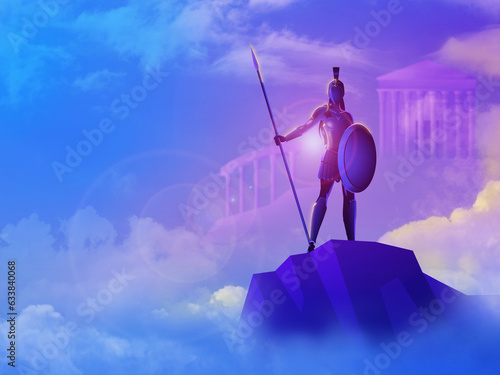 Greek god and goddess illustration series, Athena the goddess of wisdom, civilization, warfare, strength, strategy, female arts, crafts, justice and skill.