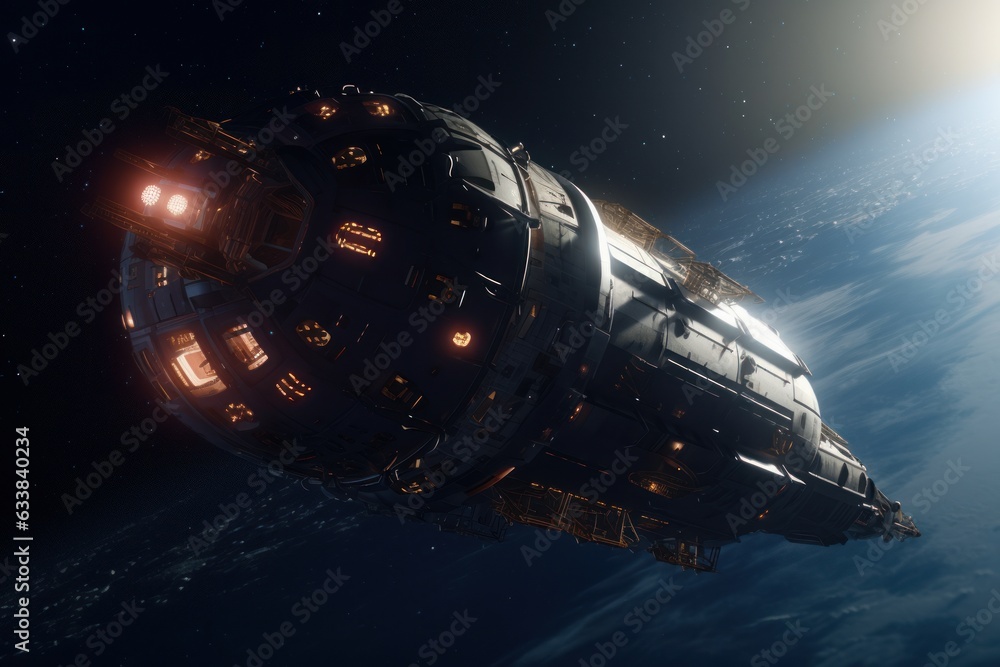 Spaceship on orbit of planet Earth. Futuristic, scientific and science concept Spaceship on orbit of planet Earth. Futuristic, scientific and science concept