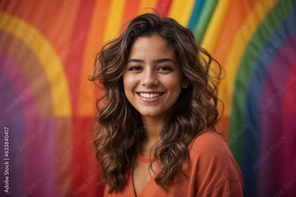 Young girl smiling and looking at the viewer, rainbow color background