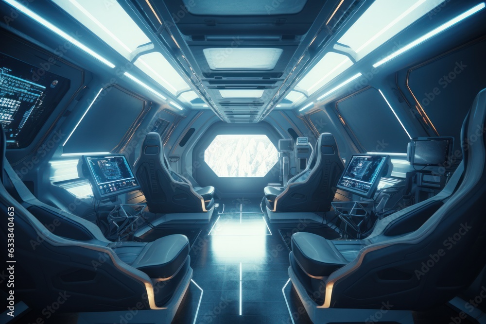 Fototapeta premium Spacecraft control room with seats. Futuristic, scientific and science concept