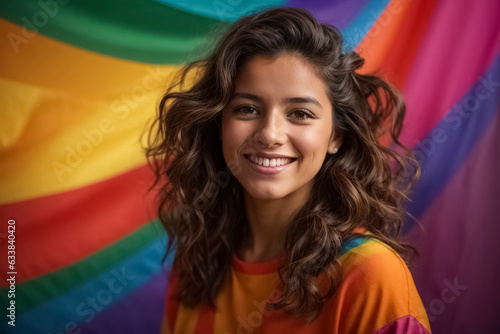 Young girl smiling and looking at the viewer, rainbow color background