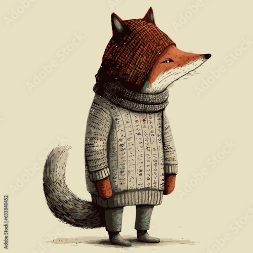 Storybook Style Fox in a Winter Hat and Sweater. Vector Art. Children’s Picture Book Style Illustration.