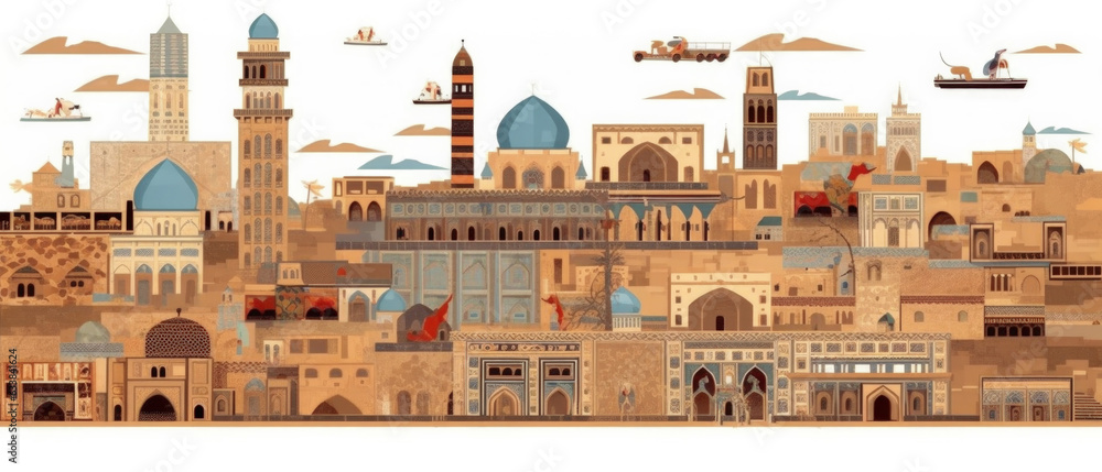 Iran Famous Landmarks Skyline Silhouette Style, Colorful, Cityscape, Travel and Tourist Attraction - Generative AI