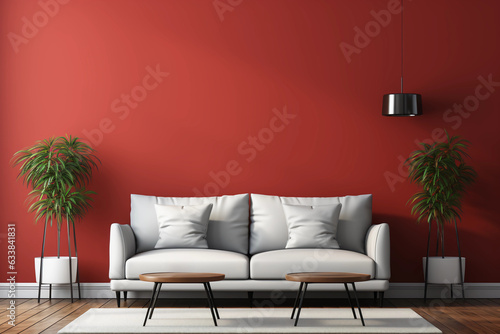 Portrait of a lavish red colored room, minimalistic house architecture. Generative AI