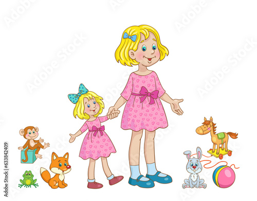 Cute little girl with a big beautiful doll surrounded by toys. In cartoon style. Isolated on white background. Vector illustration