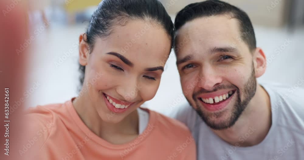 Selfie, couple and home with face, smile and profile picture for social media in living room. Marriage, happy and portrait with love and care in new house and excited from property and real estate Selfie, couple and home with face, smile and profile picture for social media in living room. Marriage, happy and portrait with love and care in new house and excited from property and real estate