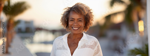 Lifestyle portrait of happy mature black woman with curly hair on vacation at luxury tropical resort