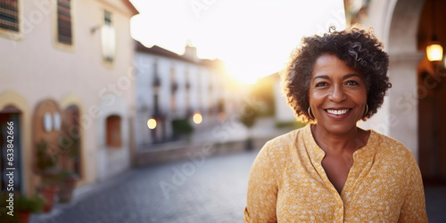 Lifestyle portrait of happy black woman with curly hair on vacation walking through quaint village