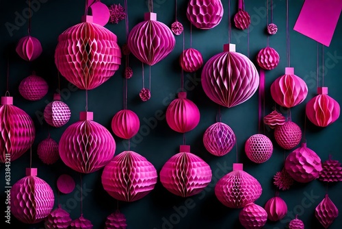 Trendy decorative paper Christmas tree baubles, DIY project, Organic Modern Design, Festive Honeycomb Foldable 3D balls, plastic free. Image toned in viva magenta, color of the year 2023   photo