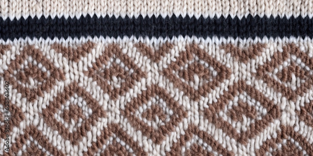 Wool sweater texture of light brown, dark brown and white color with geometric ornament. Natural knitted wool material. Horizontal background with knitted fabric texture