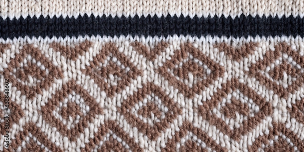 Fototapeta premium Wool sweater texture of light brown, dark brown and white color with geometric ornament. Natural knitted wool material. Horizontal background with knitted fabric texture