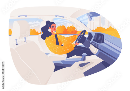Girl behind wheel. Young woman driving to work. View of interior of car from inside. Dashboard and steering wheel, from windows of car can see landscape with skyscrapers. Flat cartoon illustration.